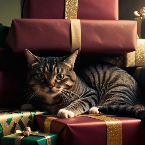 A cat covered in gifts