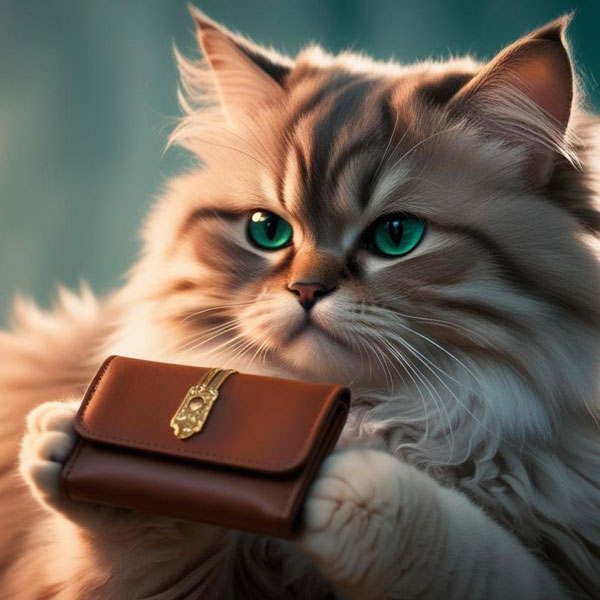 A grumpy cat holding a wallet